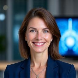 Ritratto professionale di una neuropsicologa sorridente, con uno sfondo morbido di elementi tecnologici e naturali.