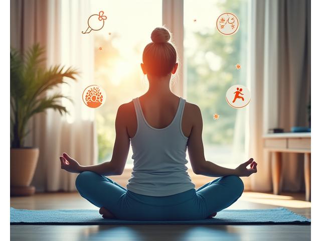 Donna che medita in un ambiente sereno, circondata da simboli di sonno, nutrizione e esercizio fisico