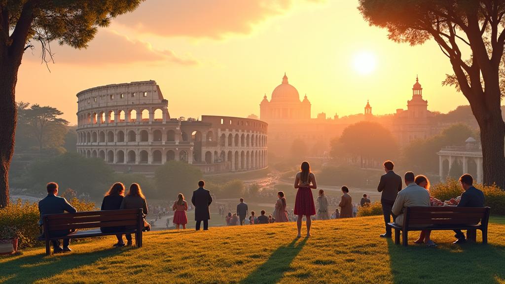 Vista panoramica di Roma con persone che si godono attività all'aperto, come picnic a Villa Borghese o passeggiate tra le antiche rovine. Colori caldi e luce naturale.