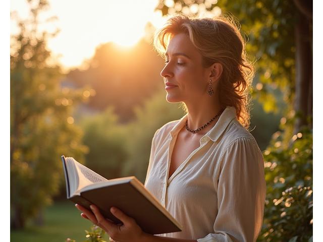 Donna serena che si dedica al giardinaggio all'aperto, simboleggiando il recupero analogico e il benessere digitale raggiunto.