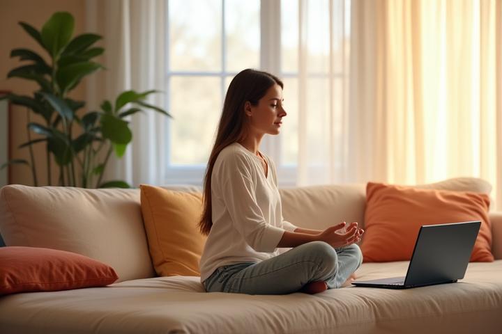 Una persona che medita serenamente accanto a un tablet spento, simboleggiando la gestione consapevole della tecnologia e la pace interiore.