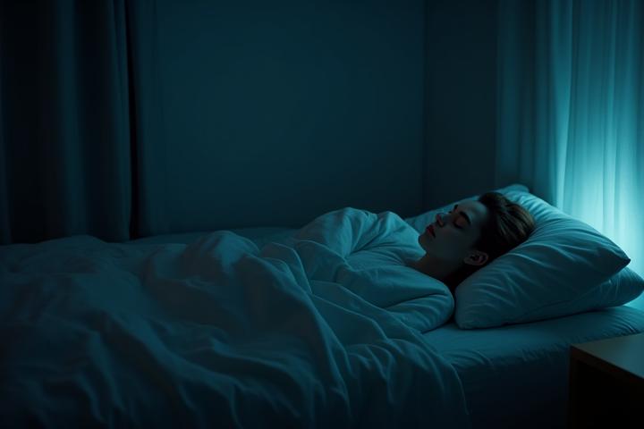 Una persona che dorme pacificamente in una camera da letto buia, con un'atmosfera serena e nessun dispositivo elettronico visibile, enfatizzando il riposo non disturbato dalla tecnologia.