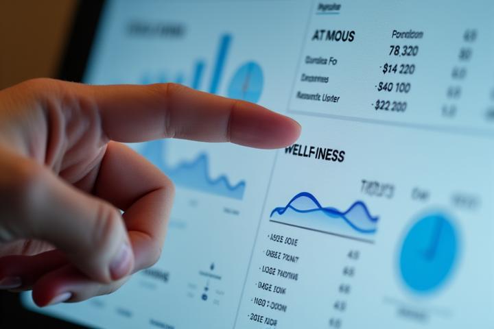 Schermata di una dashboard con grafici che mostrano l'utilizzo del telefono e l'impatto sul benessere, con elementi di design moderno e pulito.