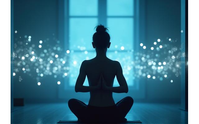 Persona in meditazione con sfondo digitale astratto e luci soffuse