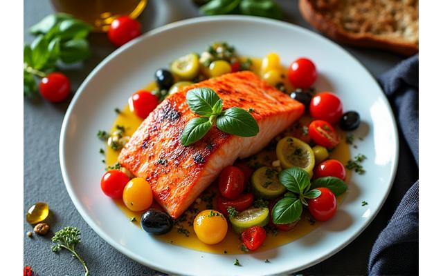 Piatto colorato di cucina mediterranea con verdure fresche, pesce e olio d'oliva