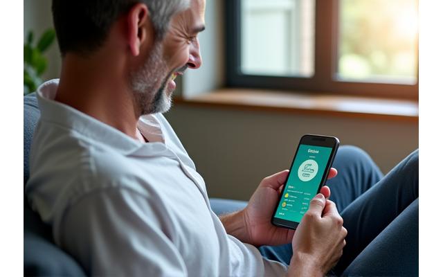 Uomo che utilizza l'app Cronos Vita su uno smartphone sorridendo