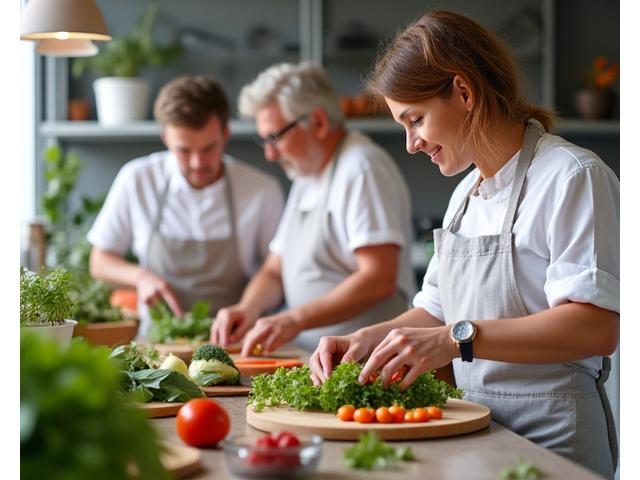 Persona anziana che prepara un pasto sano, durante una lezione di cucina