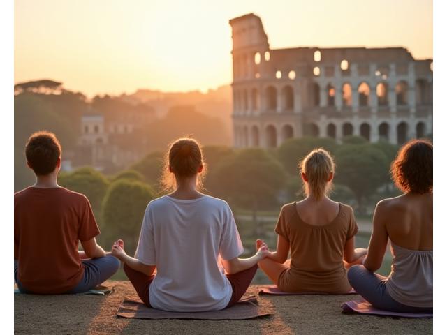 Gruppo di persone in meditazione all'aperto, con lo sfondo del Colosseo