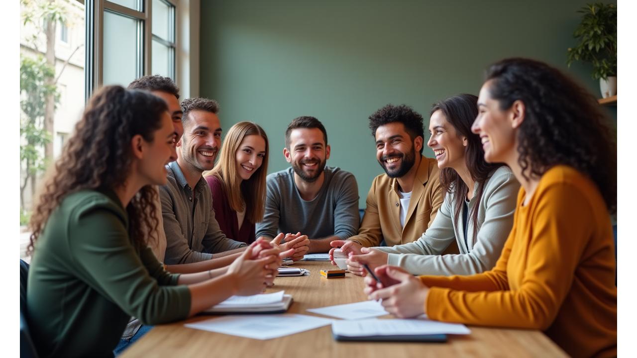 Un gruppo diversificato di adulti sorridenti che interagiscono positivamente, rappresentando la community Cronos Vita a Roma. Atmosfera di supporto e condivisione.