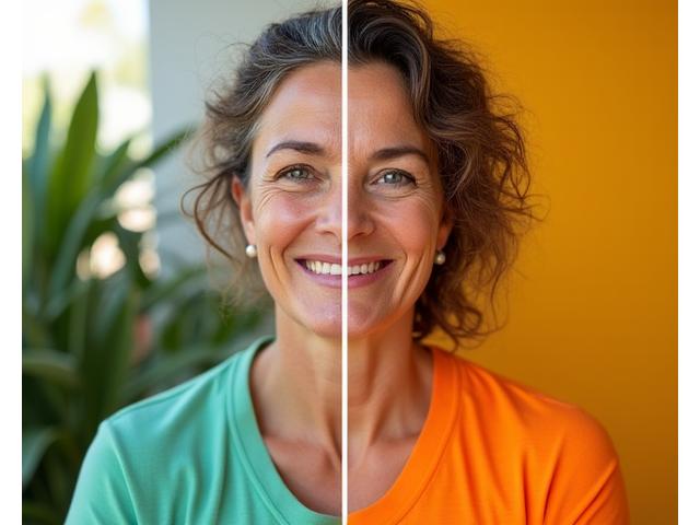 Immagine comparativa di Anna Berti prima e dopo il suo percorso wellness: più sorridente e in forma.