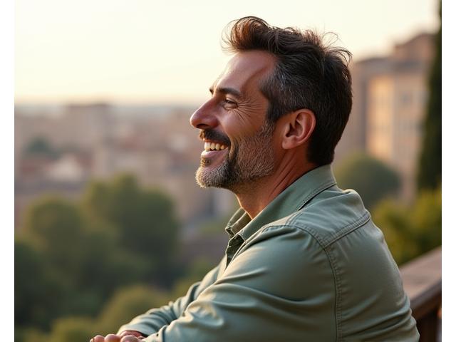 Paolo Esposito in una posa rilassata e sorridente, simbolo della sua riduzione dello stress.