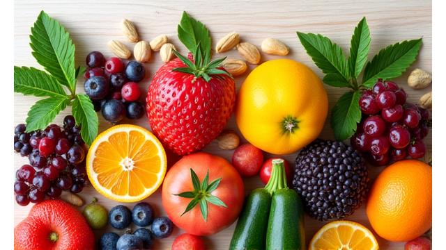 Frutta e verdura fresca su un tavolo di legno