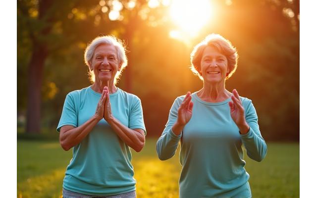 Anziani attivi che fanno yoga all'aperto al tramonto