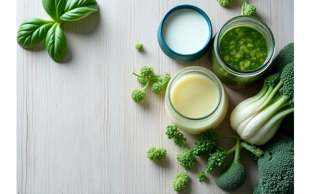 Tavolo con alimenti fermentati e verdure per la salute intestinale