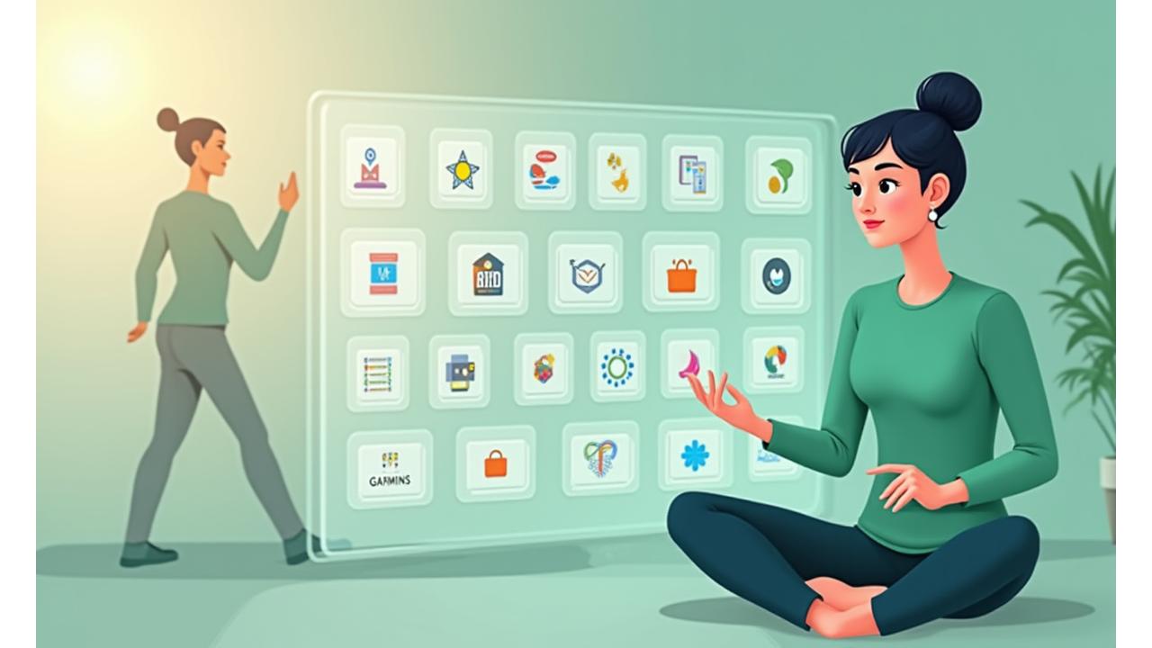 Griglia interattiva di loghi di dispositivi e app popolari come Apple Health, Google Fit, Fitbit, Garmin, Oura, Samsung Health e altri su sfondo sfocato di una persona attiva.