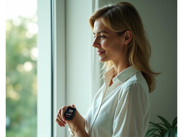 Donna sorridente che guarda il suo smartwatch connesso a un'interfaccia digitale pulita