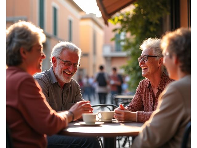 Gruppo eterogeneo di amici di diverse età che ridono e interagiscono in un caffè illuminato dal sole