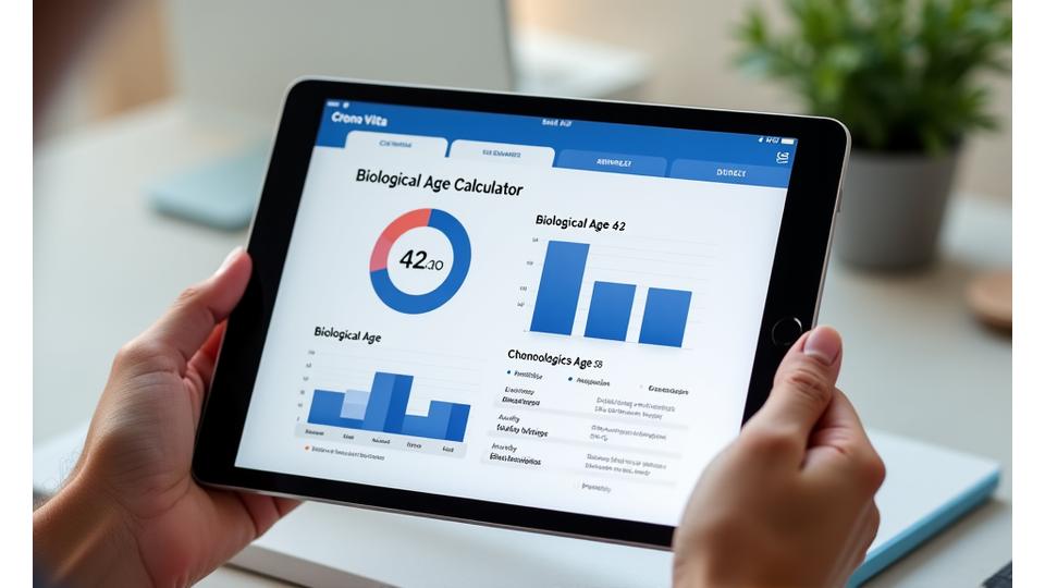 Interfaccia digitale di un calcolatore di età biologica con grafici e metriche sullo schermo