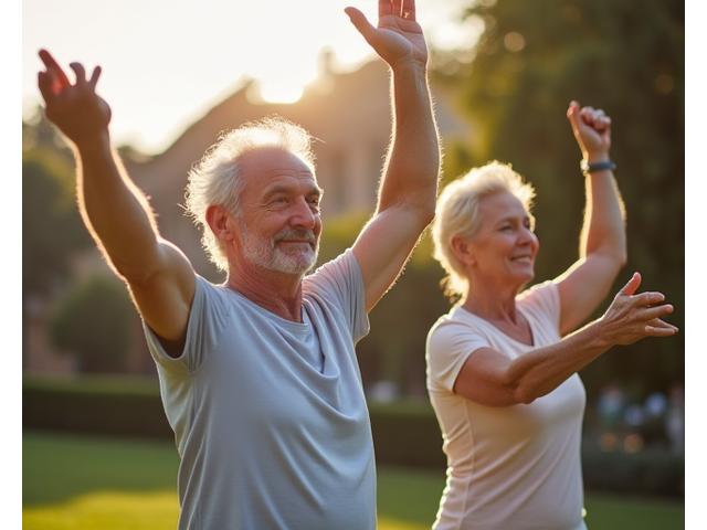 Uomo e donna anziani che fanno stretching leggero in un parco, in un ambiente sereno e verde