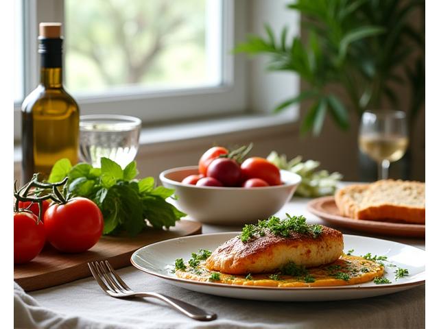 Tavola imbandita con generosi piatti di verdure fresche, pesce, olio d'oliva e pane integrale, in stile dieta mediterranea