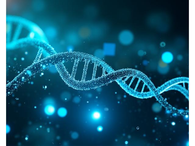 Grafici e diagrammi scientifici illuminati da una luce blu, con icone di DNA e cellule
