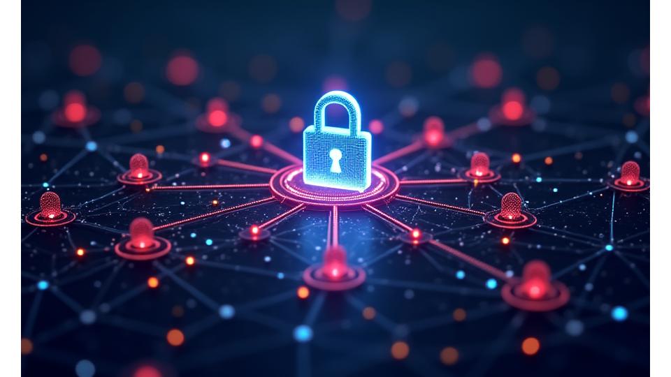 Icone di sicurezza digitale: lucchetto, firewall, scudo, connessione crittografata, server protetti, formando una rete di protezione.