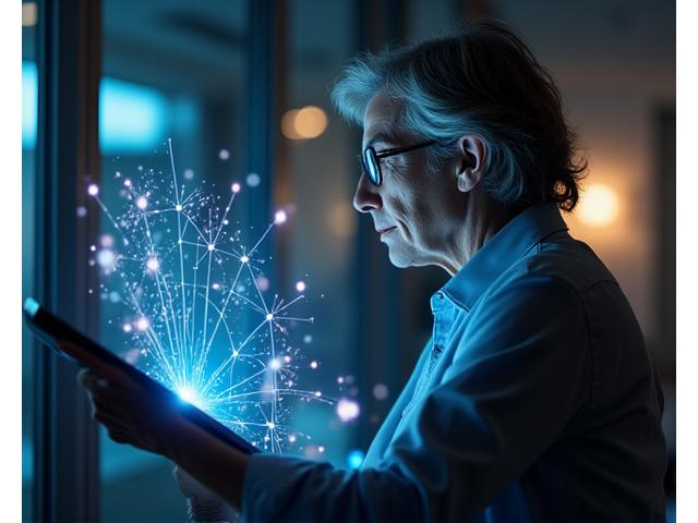 Un uomo di 50 anni con concentrazione che utilizza un'app di allenamento cerebrale su un tablet, circondato da simboli astratti di neuronali e connettività, usando i colori del brand di Cronos Vita per rappresentare il miglioramento cognitivo.