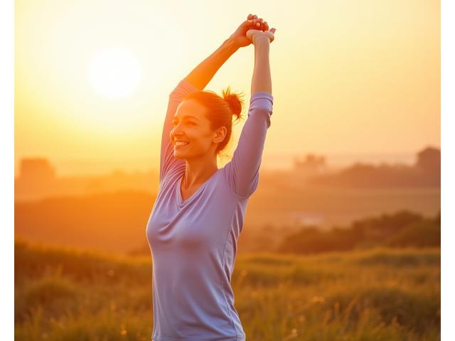 Una persona energica di 40 anni che fa stretching all'aperto all'alba, con una sensazione di vitalità e freschezza, circondata da colori vivaci del brand di Cronos Vita.