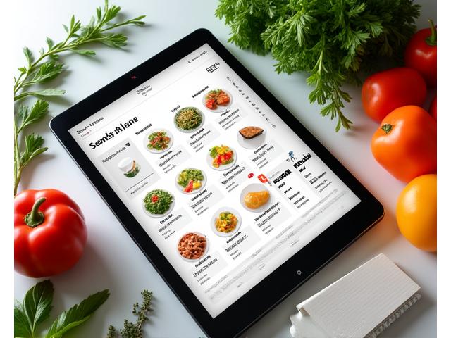 Un'interfaccia utente di un pianificatore di pasti interattivo su un tablet, che mostra un piano alimentare settimanale personalizzato con ingredienti freschi e icone di cucina, riflettendo la nutrizione personalizzata di Cronos Vita.