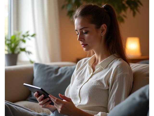 Una donna di mezza età in una postura di meditazione serena, con un tablet che mostra una sessione di mindfulness guidata dall'app Cronos Vita. L'atmosfera è calma e rilassante, colori pastel e focalizzata sulla pace interiore.