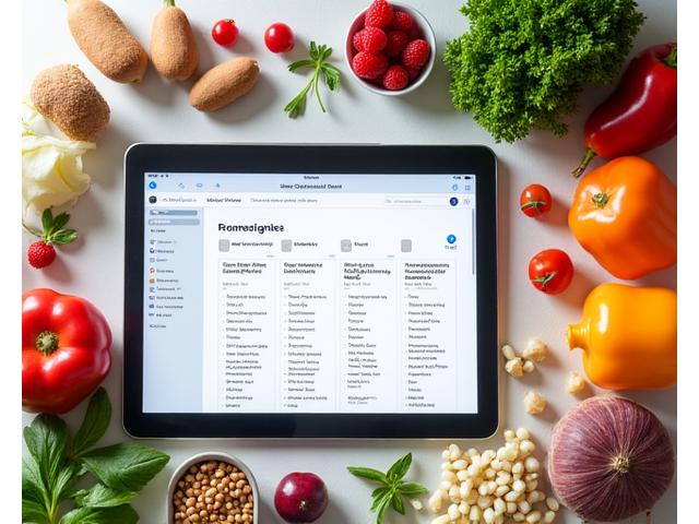 Un elegante layout di un piano alimentare personalizzato su un tablet affiancato da ingredienti freschi e integratori, che enfatizza la nutrizione equilibrata secondo il brand di Cronos Vita.