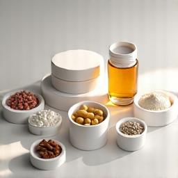 Integratori e nutraceutici disposti elegantemente su una superficie pulita.