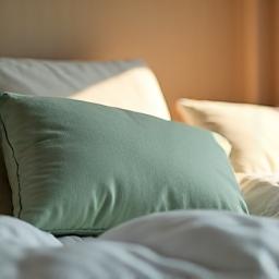 Una camera da letto serena con guanciali morbidi e luce soffusa, simbolo di riposo.