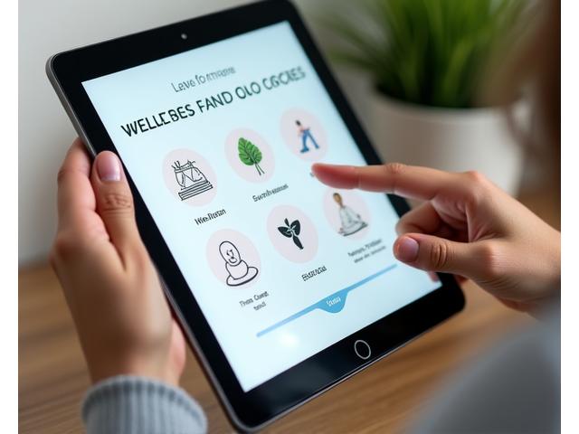 Interfaccia di un quiz interattivo per la selezione di prodotti wellness personalizzati. Una mano tocca uno schermo tablet che mostra opzioni di risposta con icone.