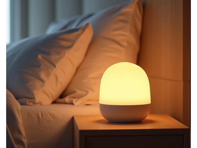 Lampada per terapia della luce delicata su un comodino in una camera rilassante.