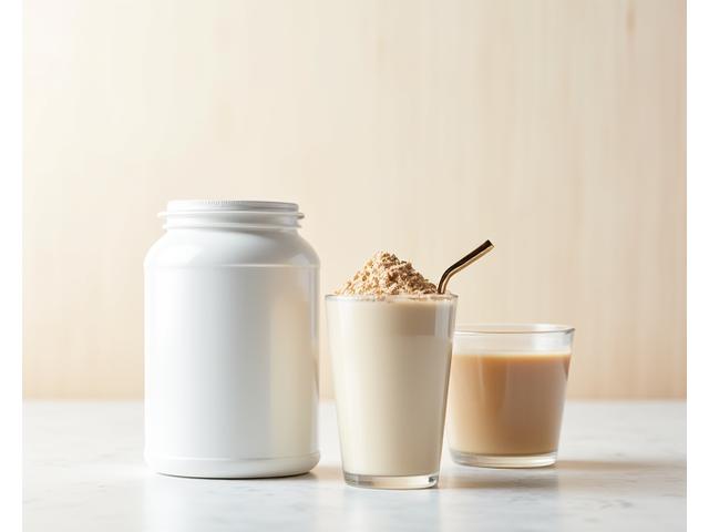 Confezione di proteine in polvere di alta qualità con cucchiaio dosatore.